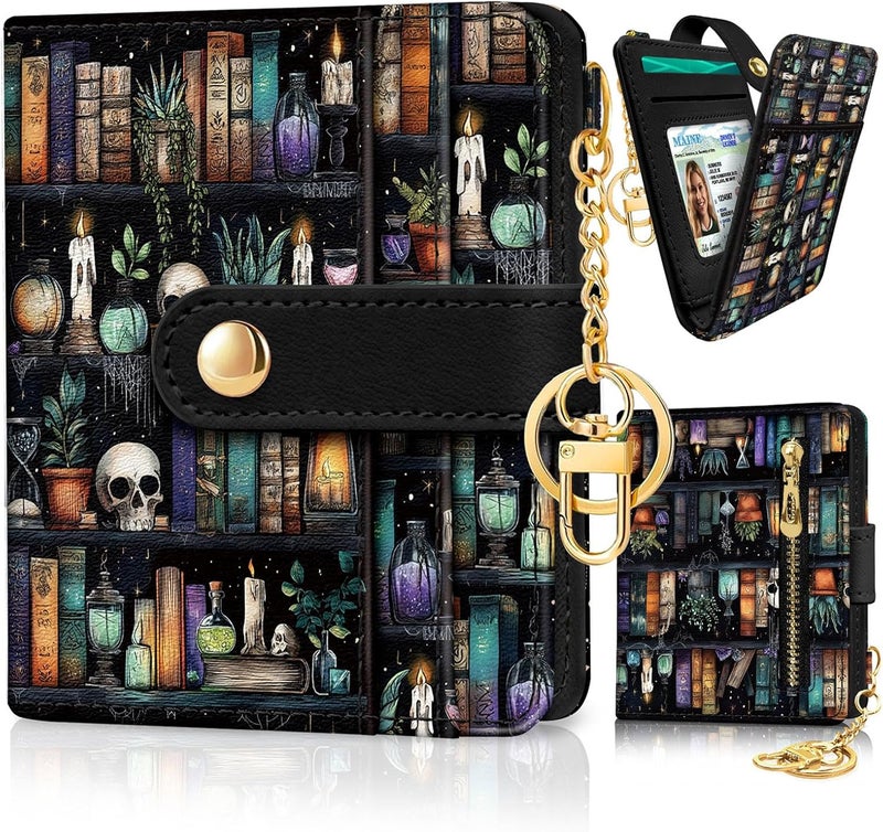 Jogjam Bookshelf and Skull Goth Gothic Skeleton Rfid Women Wallet, Small Slim Thin Compact Travel Credit Card Wallet, PU Leather Bifold Cash Wallet, Zipper Coin Pocket ID Window, Female Ladies Gifts - Image 1